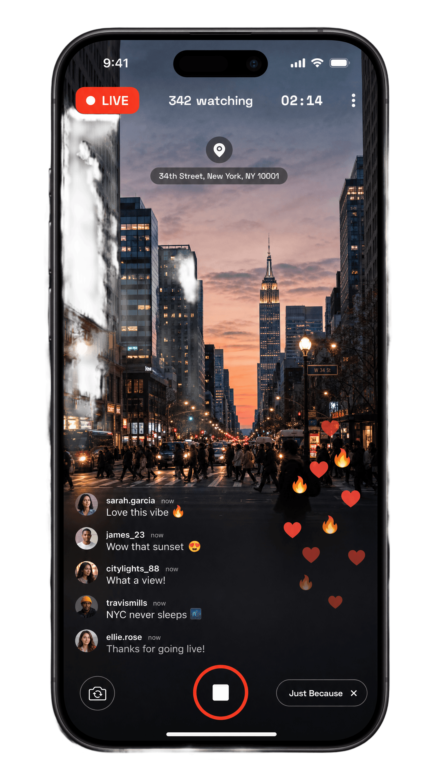 Flare Go Live broadcast screen with camera preview, auto-filled location, and record button