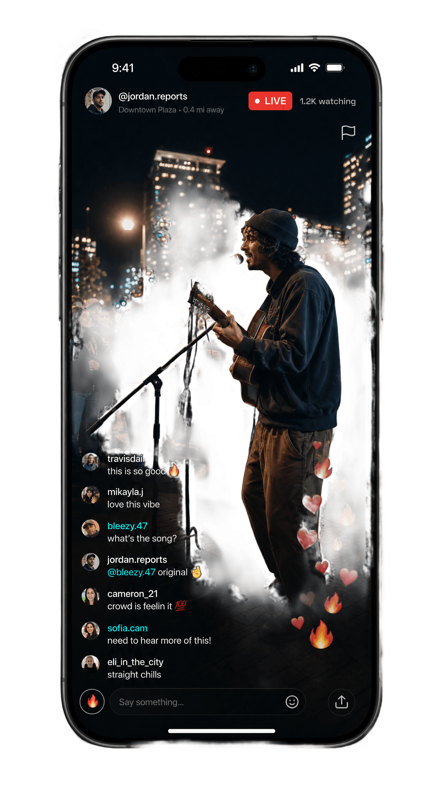 Flare live viewer screen with full-screen video, live chat, and a persistent report control
