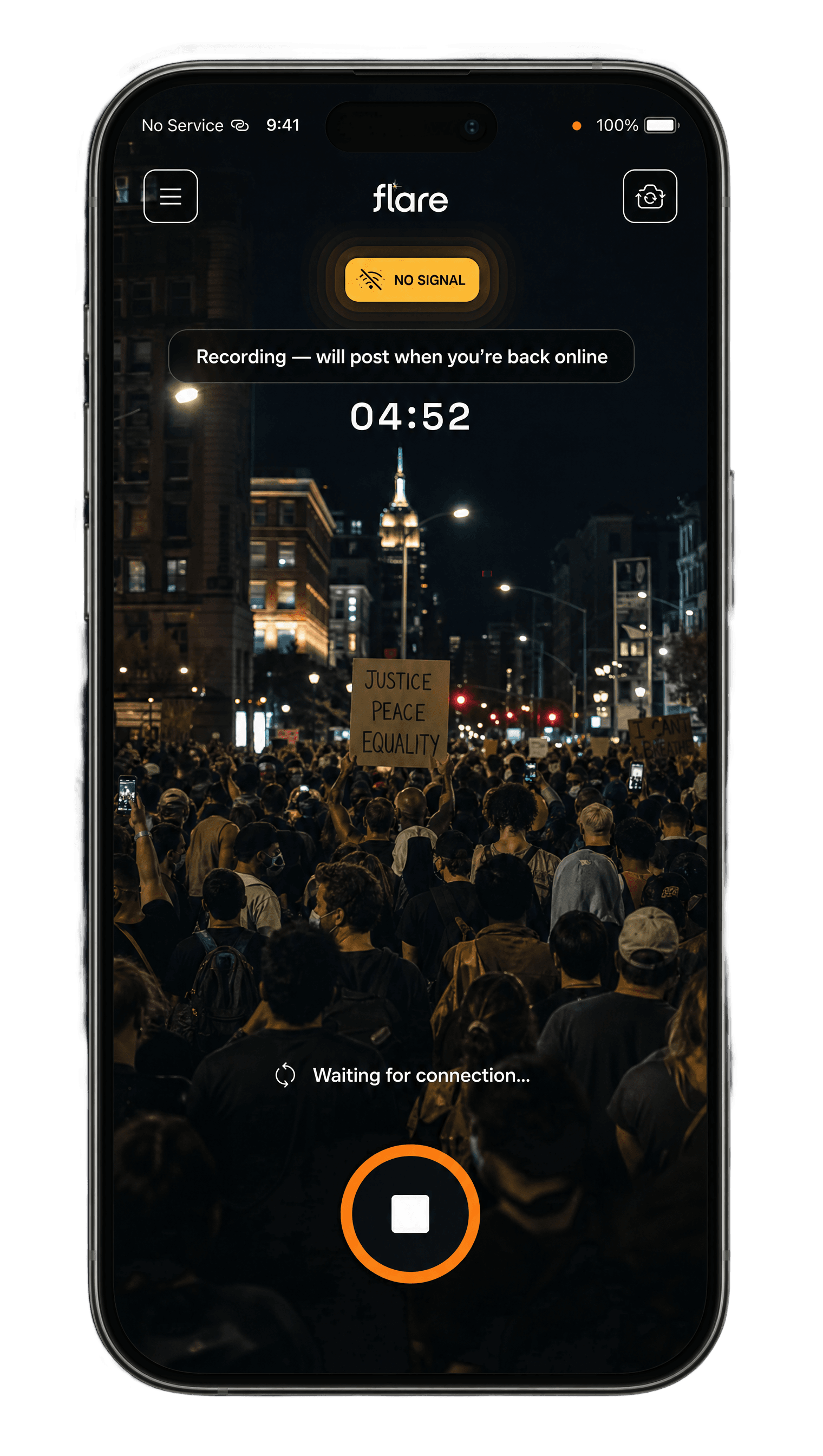 Flare Go Live screen in offline mode, showing a No Signal badge and a banner reading Recording, will post when you're back online